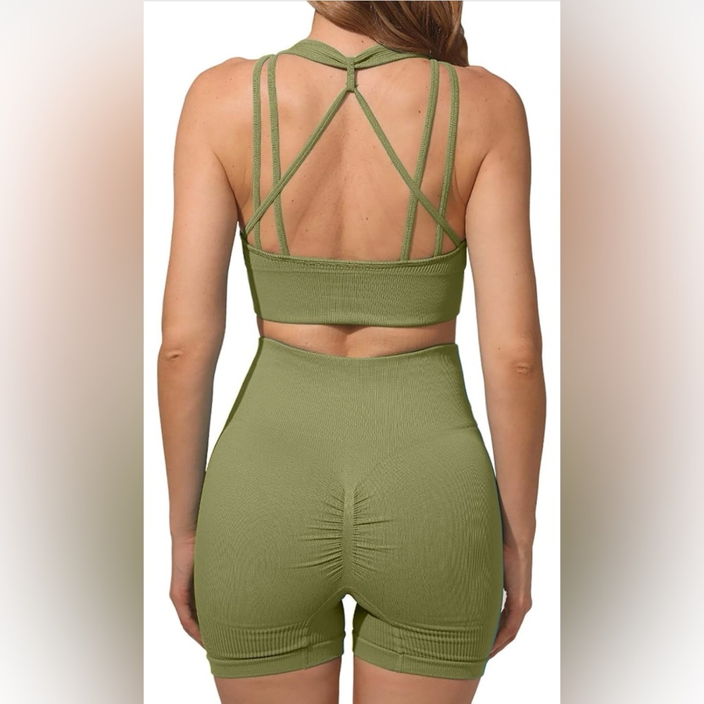 Qinsen Women's Workout 2 Piece SetBack Crisscross Backless Elastic Waist - Picture 5 of 8